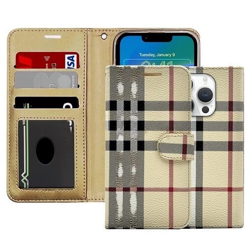 Beige Plaid Printed Photo ID Wallet for Apple iPhone 12 /12 Pro (6.1) Beige Plaid Printed Photo ID Wallet for Apple iPhone 12 /12 Pro (6.1)