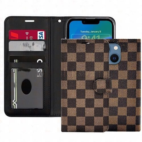 Checker Printed Photo ID Wallet for Apple iPhone 14 (6.1) - Brown Checker Printed Photo ID Wallet for Apple iPhone 14 (6.1) - Brown