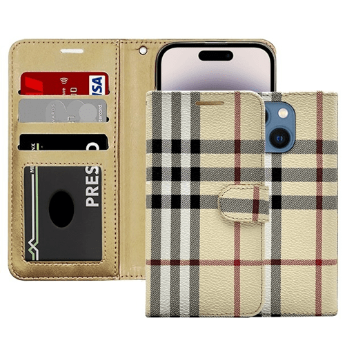 Plaid Printed Photo ID Wallet for Apple iPhone 13 Mini (5.4) - Beige Plaid Printed Photo ID Wallet for Apple iPhone 13 Mini (5.4) - Beige