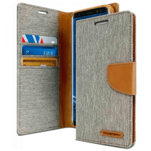 Canvas Diary Wallet Case For Samsung S20 Ultra - Grey / Camel Canvas Diary Wallet Case For Samsung S20 Ultra - Grey / Camel