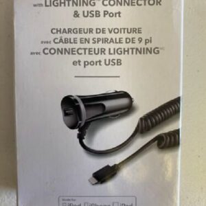 Insignia 9ft Coiled Car Charger with Lightning Connector & USB Port