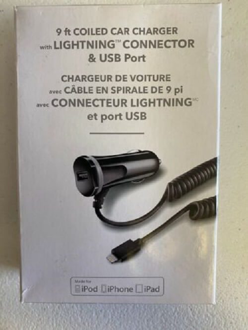 Insignia 9ft Coiled Car Charger with Lightning Connector & USB Port Insignia 9ft Coiled Car Charger with Lightning Connector & USB Port