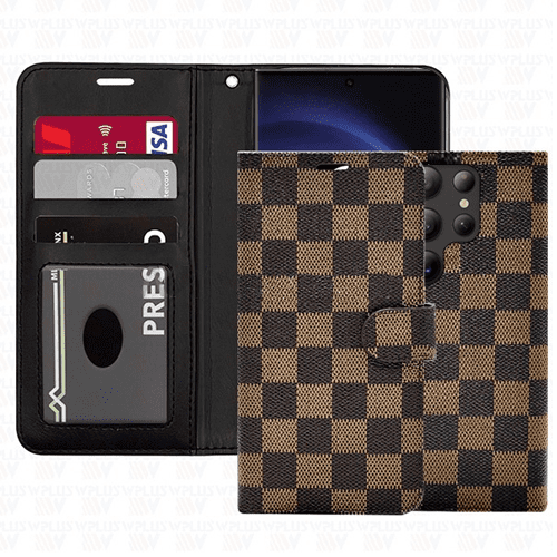 Checker Printed Photo ID Wallet for Samsung Galaxy S21 Ultra - Brown Checker Printed Photo ID Wallet for Samsung Galaxy S21 Ultra - Brown
