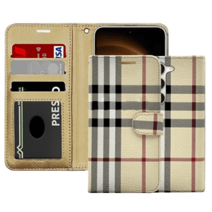 Plaid Printed Photo ID Wallet for Samsung Galaxy S22 - Beige