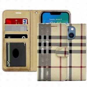 Plaid Printed Photo ID Wallet for Apple iPhone 15 (6.1) - Biege