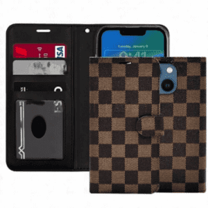 Checker Printed Photo ID Wallet for Apple iPhone 15 (6.1) - Brown