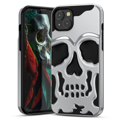 MyBat Pro Skullcap Hybrid Protector Cover for Apple iPhone 14 (6.1) - Silver Plating / Black MyBat Pro Skullcap Hybrid Protector Cover for Apple iPhone 14 (6.1) - Silver Plating / Black
