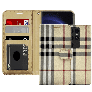 Case Plaid Printed Photo ID Wallet for Samsung Galaxy S24 Ultra - Beige