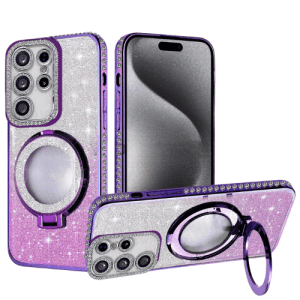 3-in-1 Glitter Magsafe Kickstand Case for Samsung Galaxy S24 Ultra - Purple /Silver