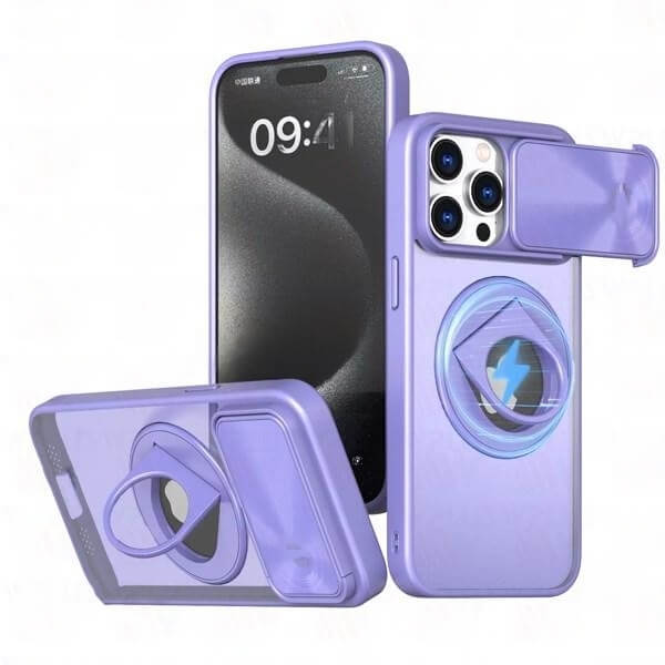 Case With Camera Slider & Ring Stand Magsafe for Apple iPhone 15 Pro Max (6.7) - Light Purple Case With Camera Slider & Ring Stand Magsafe for Apple iPhone 15 Pro Max (6.7) - Light Purple