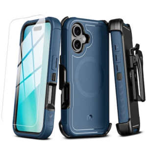 MyBat Pro Antimicrobial Maverick Series w/ MagSafe Case with Holster and Tempered Glass for Apple iPhone 16 Plus - Blue / Black