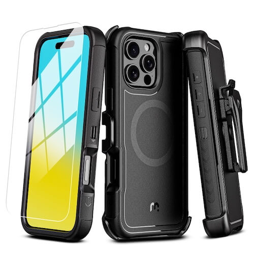 MyBat Pro Antimicrobial Maverick Series w/ MagSafe Case with Holster and Tempered Glass for Apple iPhone 16 Pro Max - Black / Black MyBat Pro Antimicrobial Maverick Series w/ MagSafe Case with Holster and Tempered Glass for Apple iPhone 16 Pro Max - Black / Black