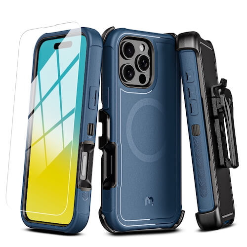 MyBat Pro Antimicrobial Maverick Series w/ MagSafe Case with Holster and Tempered Glass for Apple iPhone 16 Pro Max - Blue / Black MyBat Pro Antimicrobial Maverick Series w/ MagSafe Case with Holster and Tempered Glass for Apple iPhone 16 Pro Max - Blue / Black