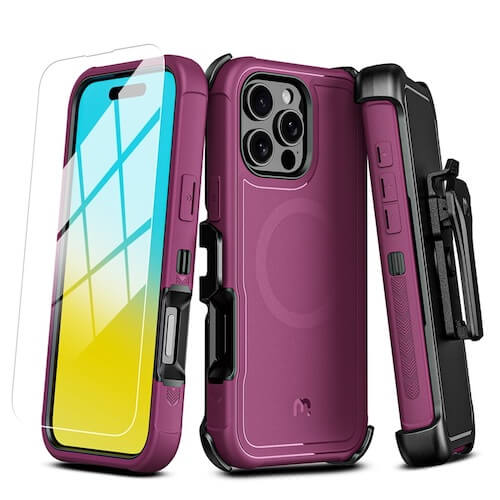 MyBat Pro Antimicrobial Maverick Series w/ MagSafe Case with Holster and Tempered Glass for Apple iPhone 16 Pro Max - Plum / Black MyBat Pro Antimicrobial Maverick Series w/ MagSafe Case with Holster and Tempered Glass for Apple iPhone 16 Pro Max - Plum / Black