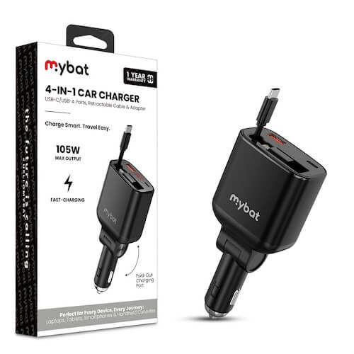 MyBat 4-in-1 Car Charger with USB-C Cable (105W) - Black MyBat 4-in-1 Car Charger with USB-C Cable (105W) - Black